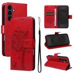 For Samsung Galaxy S25 FE 5G Tree & Cat Embossed Pattern Flip Leather Phone Case(Red)
