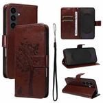 For Samsung Galaxy S25 FE 5G Tree & Cat Embossed Pattern Flip Leather Phone Case(Coffee)