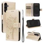 For Samsung Galaxy S25 FE 5G Tree & Cat Embossed Pattern Flip Leather Phone Case(Gold)