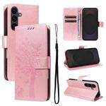 For Samsung Galaxy S25 FE 5G Tree & Cat Embossed Pattern Flip Leather Phone Case(Rose Gold)