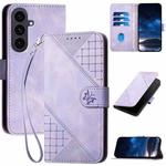 For Samsung Galaxy S25 FE 5G Grid Butterfly Embossed Pattern Leather Phone Case with Lanyard(Light Purple)