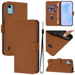For Nokia C12 Skin Feel Solid Color Leather Phone Case with Lanyard(Brown)