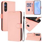 For Sony Xperia 1 V 2023 Skin Feel Solid Color Leather Phone Case with Lanyard(Pink)