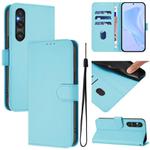 For Sony Xperia 1 V 2023 Skin Feel Solid Color Leather Phone Case with Lanyard(Sky Blue)