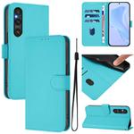 For Sony Xperia 1 V 2023 Skin Feel Solid Color Leather Phone Case with Lanyard(Lake Blue)