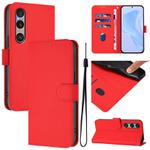 For Sony Xperia 1 VI 2024 Skin Feel Solid Color Leather Phone Case with Lanyard(Red)