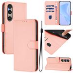 For Sony Xperia 1 VI 2024 Skin Feel Solid Color Leather Phone Case with Lanyard(Pink)