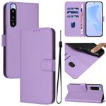 For Sony Xperia 5 IV Skin Feel Solid Color Leather Phone Case with Lanyard(Lavender Purple)
