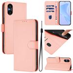 For Sony Xperia 5 V Skin Feel Solid Color Leather Phone Case with Lanyard(Pink)