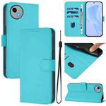 For Sharp Aquos Wish4/SH-52E Skin Feel Solid Color Leather Phone Case with Lanyard(Lake Blue)