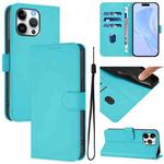 For iPhone 16 Pro Max Skin Feel Solid Color Leather Phone Case with Lanyard(Lake Blue)