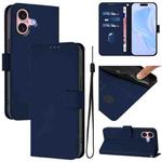 For iPhone 16 Skin Feel Solid Color Leather Phone Case with Lanyard(Navy Blue)