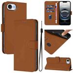 For iPhone 16e Skin Feel Solid Color Leather Phone Case with Lanyard(Brown)