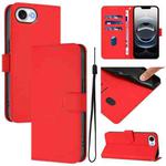 For iPhone 16e Skin Feel Solid Color Leather Phone Case with Lanyard(Red)