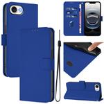 For iPhone 16e Skin Feel Solid Color Leather Phone Case with Lanyard(Dark Blue)