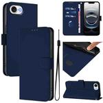 For iPhone 16e Skin Feel Solid Color Leather Phone Case with Lanyard(Navy Blue)