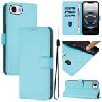 For iPhone 16e Skin Feel Solid Color Leather Phone Case with Lanyard(Sky Blue)