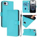 For iPhone 16e Skin Feel Solid Color Leather Phone Case with Lanyard(Lake Blue)