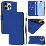 For iPhone 15 Pro Max Skin Feel Solid Color Leather Phone Case with Lanyard(Dark Blue)
