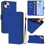 For iPhone 15 Plus Skin Feel Solid Color Leather Phone Case with Lanyard(Dark Blue)