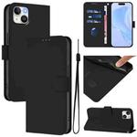 For iPhone 15 Plus Skin Feel Solid Color Leather Phone Case with Lanyard(Black)