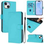 For iPhone 15 Skin Feel Solid Color Leather Phone Case with Lanyard(Lake Blue)