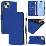 For iPhone 14 Plus Skin Feel Solid Color Leather Phone Case with Lanyard(Dark Blue)