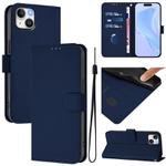 For iPhone 14 Plus Skin Feel Solid Color Leather Phone Case with Lanyard(Navy Blue)