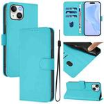 For iPhone 14 / 13 Skin Feel Solid Color Leather Phone Case with Lanyard(Lake Blue)