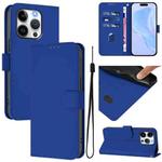 For iPhone 14 Pro Skin Feel Solid Color Leather Phone Case with Lanyard(Dark Blue)