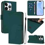 For iPhone 14 Pro Skin Feel Solid Color Leather Phone Case with Lanyard(Dark Green)