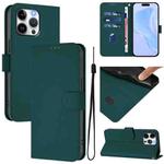 For iPhone 14 Pro Max Skin Feel Solid Color Leather Phone Case with Lanyard(Dark Green)