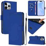 For iPhone 13 Pro Max Skin Feel Solid Color Leather Phone Case with Lanyard(Dark Blue)