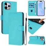 For iPhone 13 Pro Max Skin Feel Solid Color Leather Phone Case with Lanyard(Lake Blue)