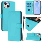 For iPhone 12 mini Skin Feel Solid Color Leather Phone Case with Lanyard(Lake Blue)