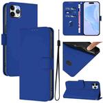 For iPhone 11 Pro Max Skin Feel Solid Color Leather Phone Case with Lanyard(Dark Blue)