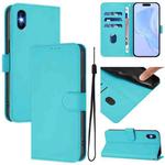For iPhone XS / X Skin Feel Solid Color Leather Phone Case with Lanyard(Lake Blue)