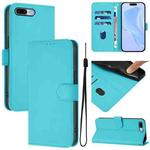 For iPhone 8 Plus / 7 Plus Skin Feel Solid Color Leather Phone Case with Lanyard(Lake Blue)