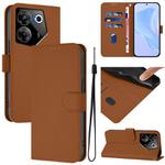 For Tecno Camon 20 Pro 5G Skin Feel Solid Color Leather Phone Case with Lanyard(Brown)