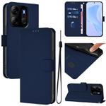 For Tecno Pop 7 / 7 Pro Skin Feel Solid Color Leather Phone Case with Lanyard(Navy Blue)