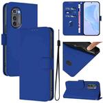 For Motorola Edge 2022 Skin Feel Solid Color Leather Phone Case with Lanyard(Dark Blue)