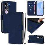 For vivo V40 Lite 5G IDN Skin Feel Solid Color Leather Phone Case with Lanyard(Navy Blue)