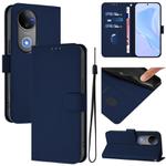 For vivo V50 Global Skin Feel Solid Color Leather Phone Case with Lanyard(Navy Blue)