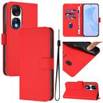 For Honor 90 Skin Feel Solid Color Leather Phone Case with Lanyard(Red)