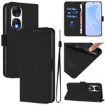 For Honor 90 Skin Feel Solid Color Leather Phone Case with Lanyard(Black)