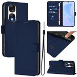 For Honor 90 Skin Feel Solid Color Leather Phone Case with Lanyard(Navy Blue)