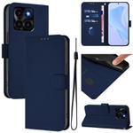 For Honor X6a 4G Skin Feel Solid Color Leather Phone Case with Lanyard(Navy Blue)