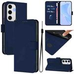 For Samsung Galaxy S24 FE 5G Skin Feel Solid Color Leather Phone Case with Lanyard(Navy Blue)