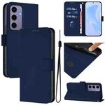 For Samsung Galaxy S24 5G Skin Feel Solid Color Leather Phone Case with Lanyard(Navy Blue)