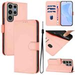 For Samsung Galaxy S23 Ultra 5G Skin Feel Solid Color Leather Phone Case with Lanyard(Pink)
